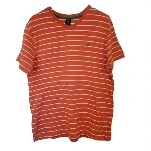 US Polo Association Men's Orange & White Striped Cotton Knit V-Neck Short Sleeve - Picture 1 of 8